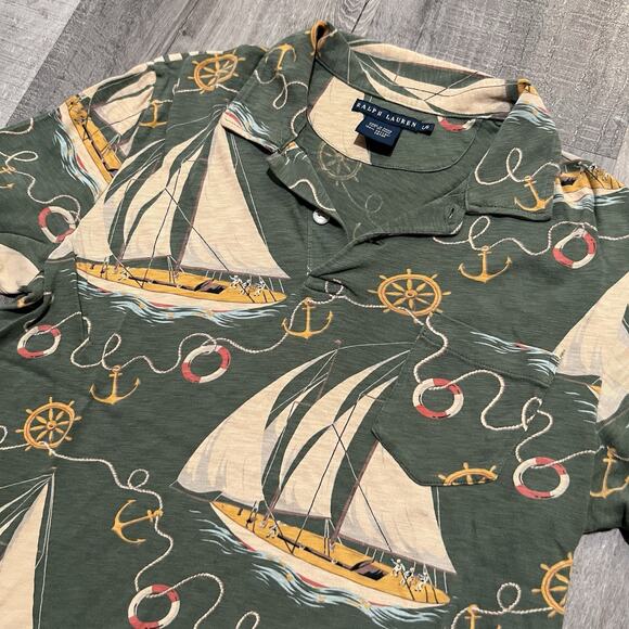 VTG Ralph Lauren Sailboat Polo Shirt Green Gauze Jersey Sailing Y2K Mac Miller L - Picture 3 of 4
